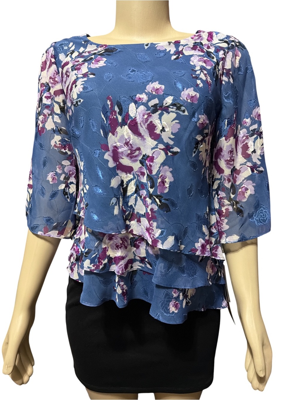 NWT Alex Evenings Sz SP Blue Wedgewood Floral Tiered Ruffle Blouse 3/4 Sleeves